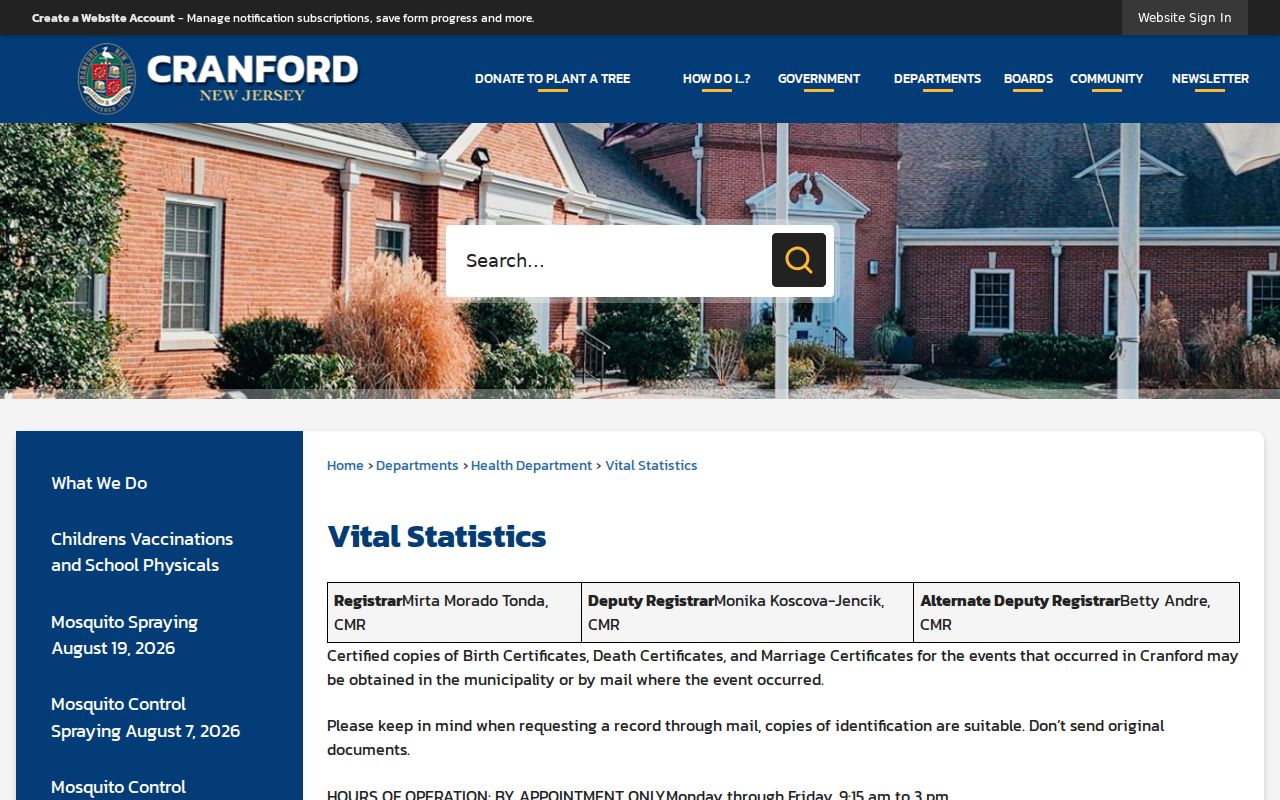 Cranford residents directory vital statistics source