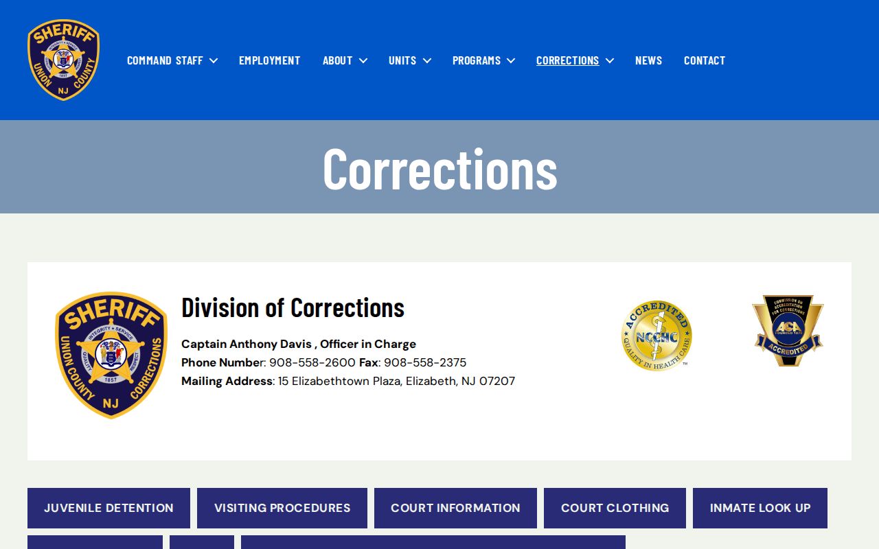 Cranford resident lookup Union County Corrections official information